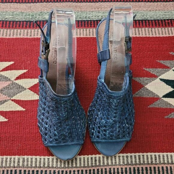 Sundance Blue Woven Leather Open Toe Heeled Sandal Sz 9 Sling Back Adjustable - Picture 3 of 8
